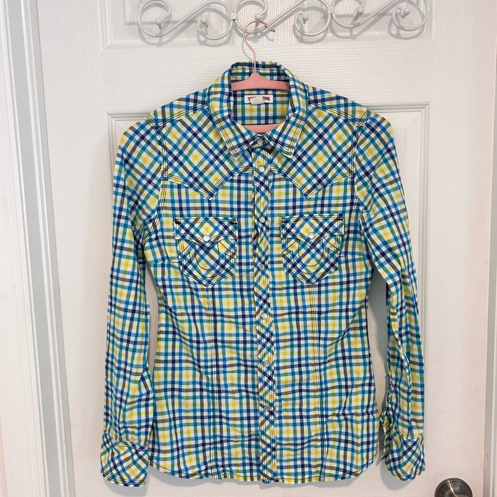 True Religion Plaid Button-Down Shirt in Blue & Yellow with Pearl Snaps Size S
